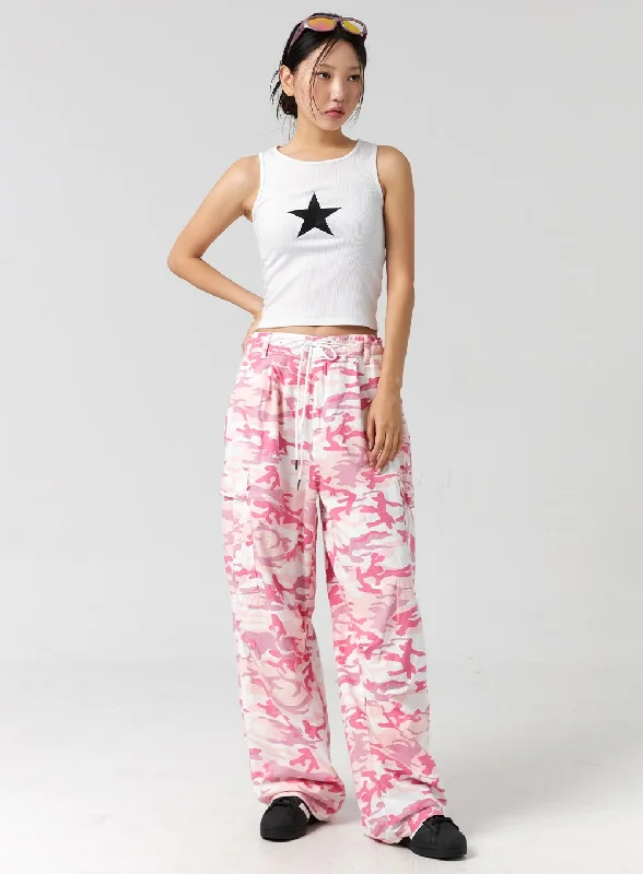 Knitted Design Military Print Wide Pants CG303