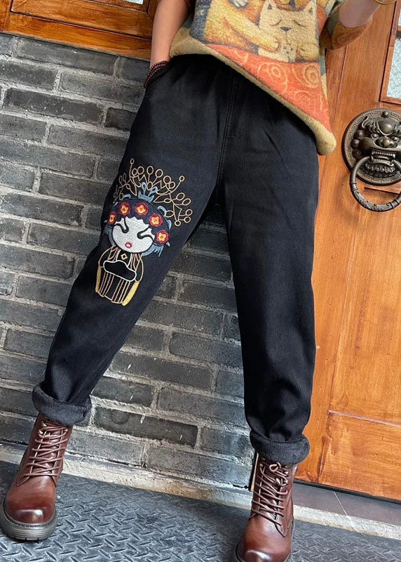 Fresh And Natural Organic Black Embroideried thick denim Pants Winter