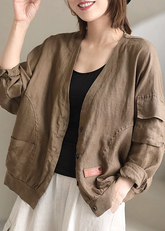 Sports Design Plus Size Khaki V Neck Loose Button Fall Long sleeve Jacket