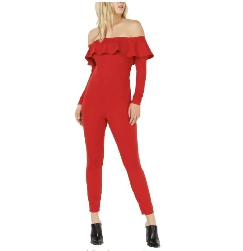 Carefree Off The Shoulder Ruffle Jumpsuit In Red