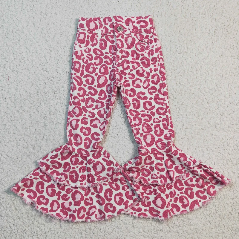 Mid-length Style P0044 baby girls pink print double ruffles jeans with zipper