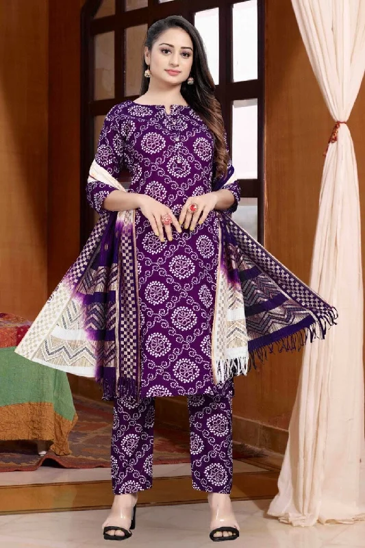 Designer Style Purple Bandhani Printed Rayon Straight Cut Suit