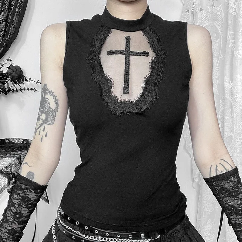 Fashionable And Versatile Women's Punk Cross Embroidered Unedged Tank Top