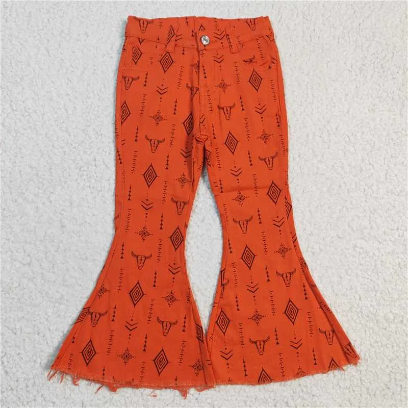 Fresh And Natural P0045 Bull Head Geometric Orange Denim Trousers