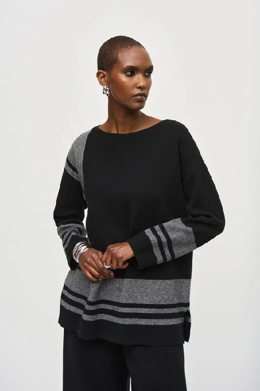 Sports Cool Joseph Ribkoff Oversized Striped Boatneck Top Style 243949 Black/Vanilla