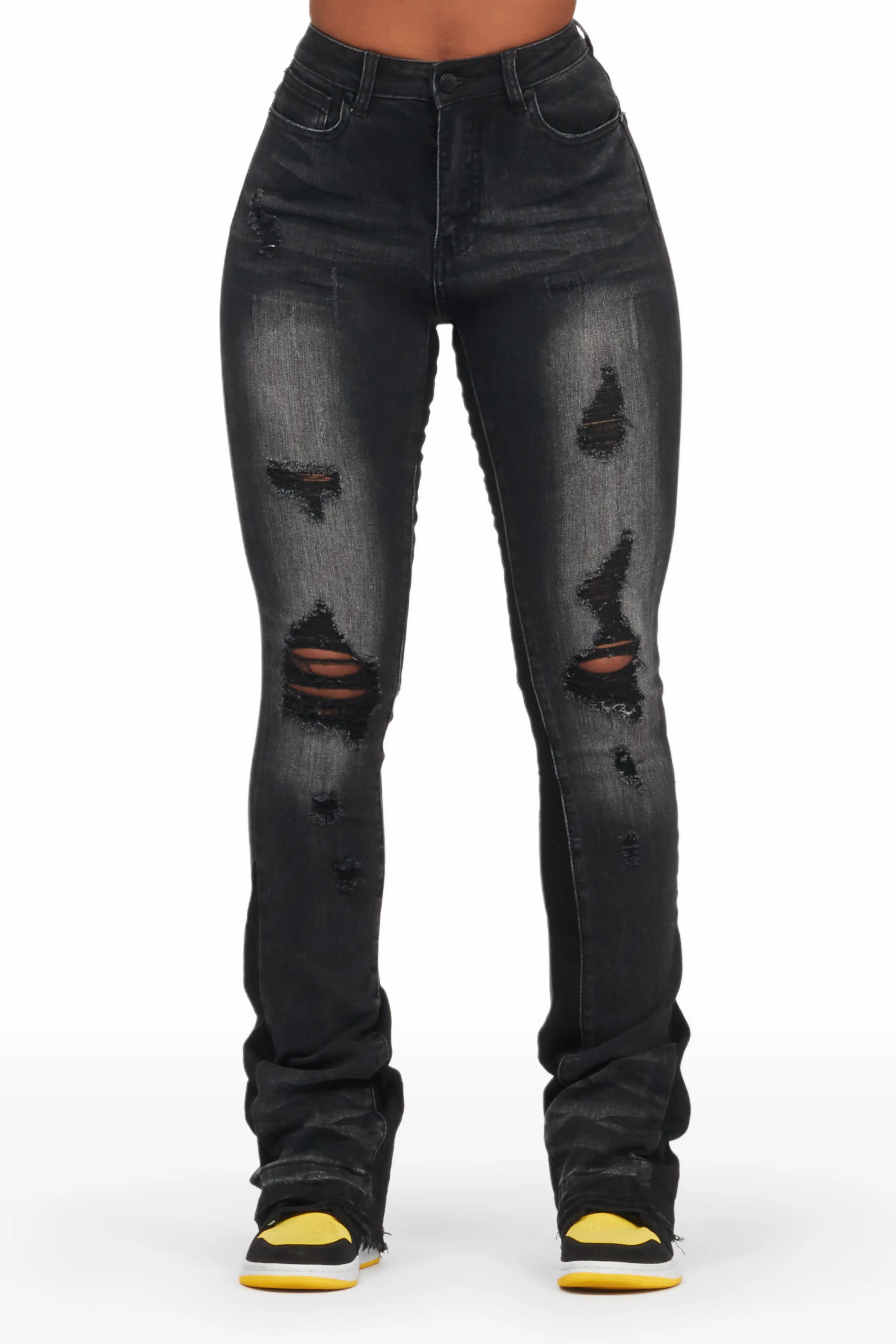 Moisture wicking Jazminn Black Wash Stacked Flare Jean