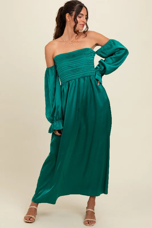 Luxury Temperament Emerald Green Off Shoulder Satin Pleated Bodice Maxi Dress
