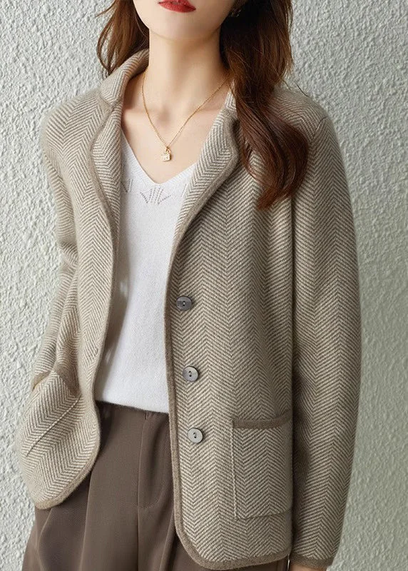 Comfortable And Simple DIY Camel Notched Striped Patchwork Button Knit Coats Fall