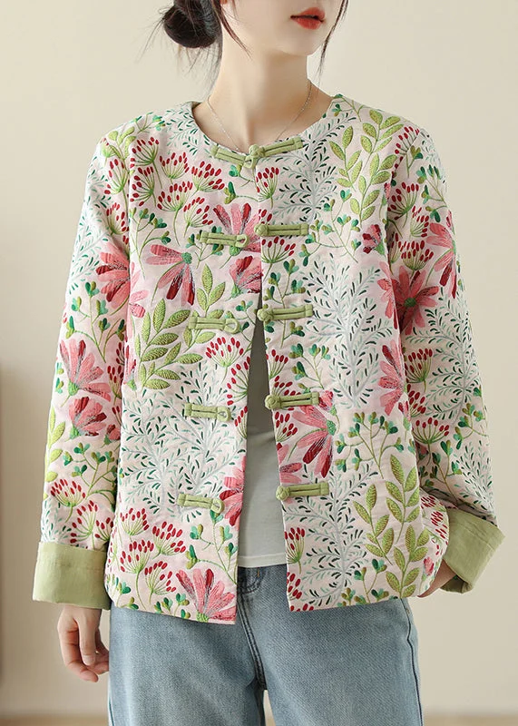 Designer Style Art Green Embroidered Button Cotton Coats Fall