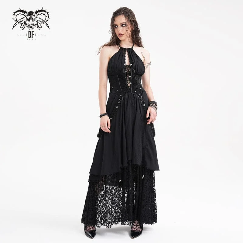 Bottom And Versatile Women's Gothic Cut-out Lace Strap Maxi Dress