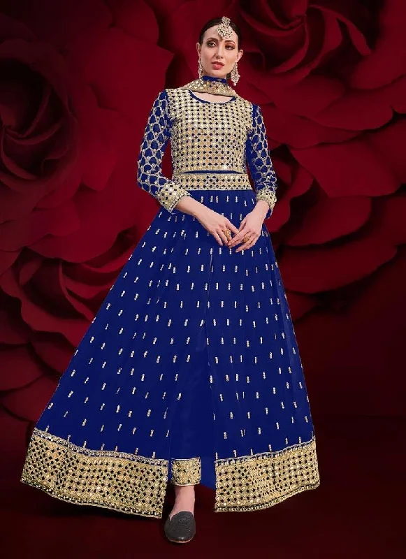 Noble And Elegant Georgette Fabric Blue Color Mirror And Zari Work Pakistani Salwar Suit