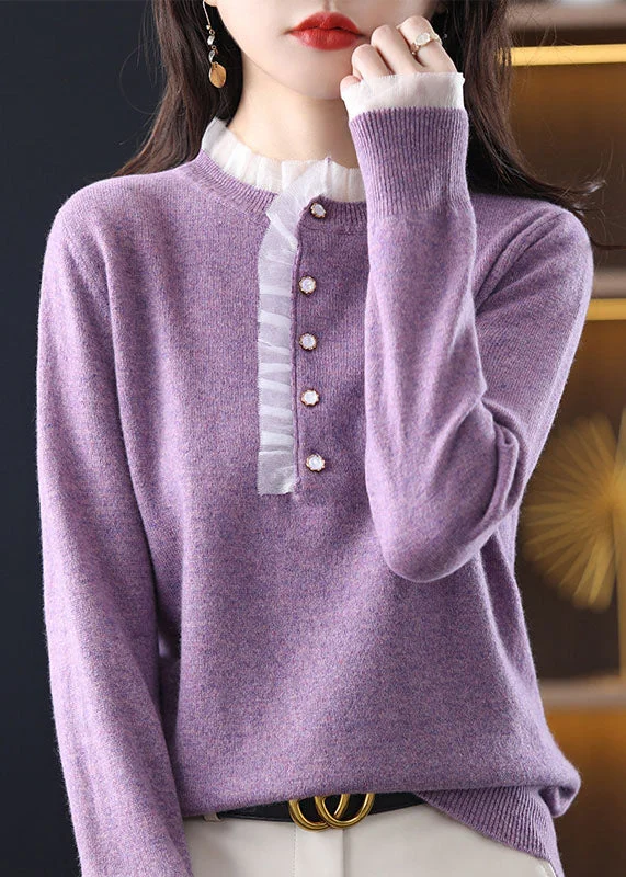 Youthful Diy Purple Ruffled Patchwork Wool Knit Short Sweater Spring