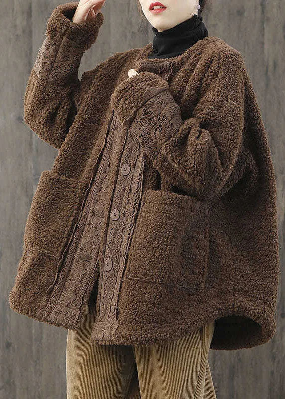 Minimalism Women Khaki O-Neck Button Casual Fall Winter Thick Long sleeve Coat
