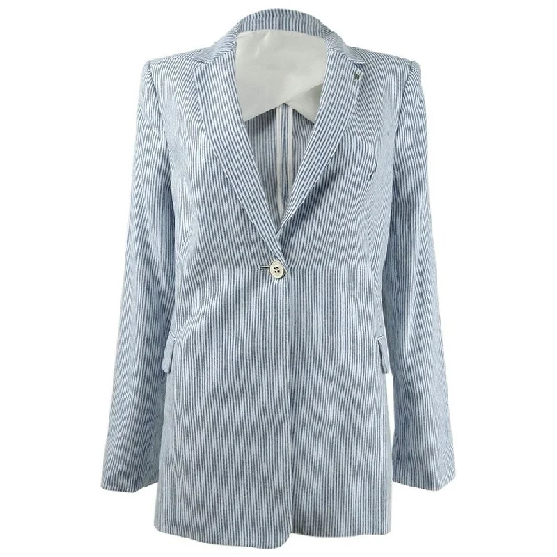 Slightly Flared Design Tommy Hilfiger Women's Striped Notched-Lapel Topper Jacket (4, Blue/Ivory)