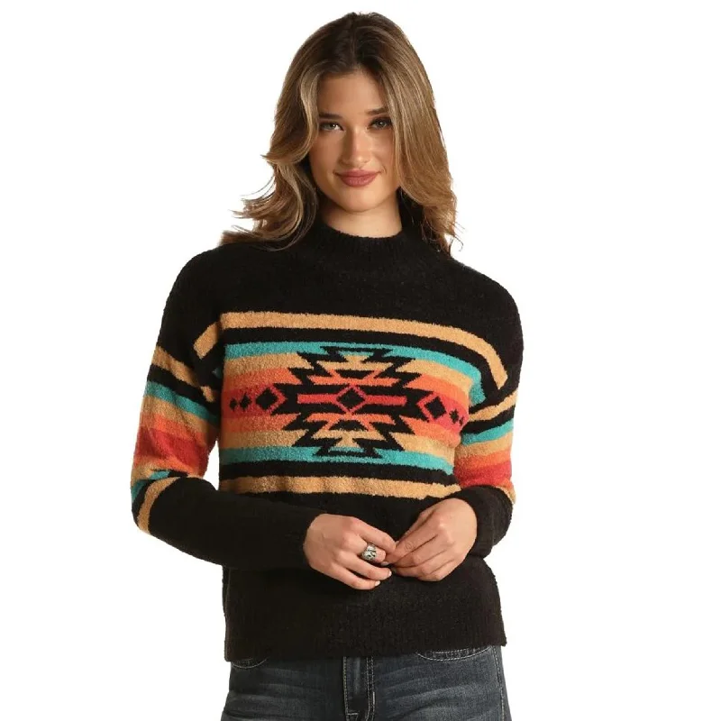 Elegant And Noble Panhandle Slim Women's Black Aztec Mock Neck Sweater