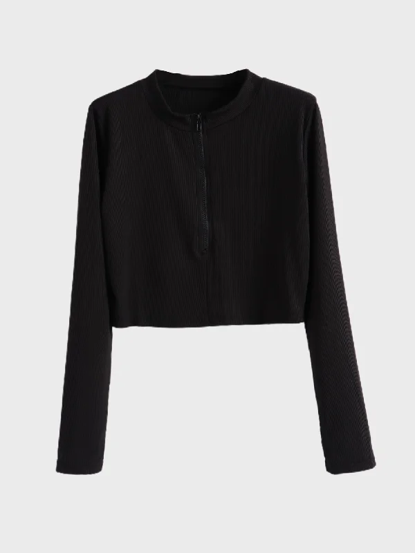 Elegant Style Midsize 1/2 Zipper Stand Collar Cool Crop Top