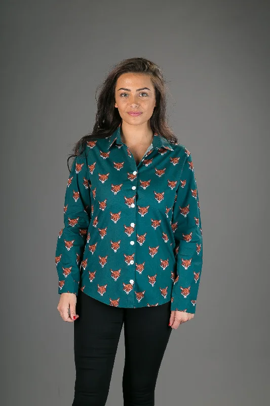 Sports And Leisure Green Fox Print Cotton Slim Fit Womens Shirt Long Sleeve