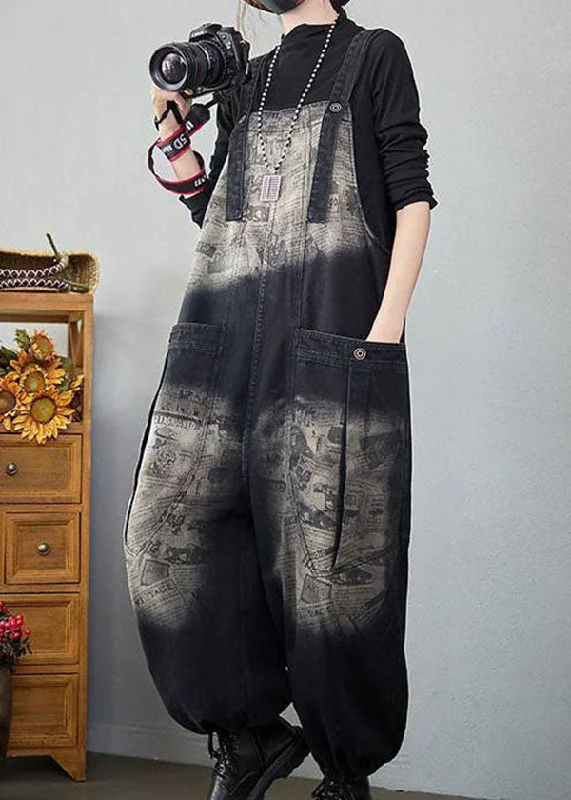 Romantic And Fresh Baggy Black Pockets Patchwork Letter Print Denim Jumpsuits Spring