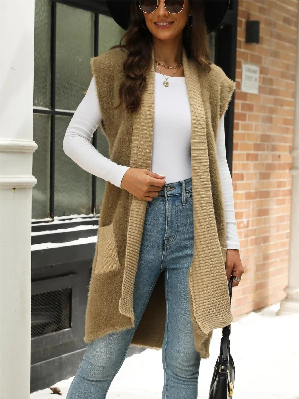 Low-key Luxury Pocketed Open Front Cap Sleeve Cardigan