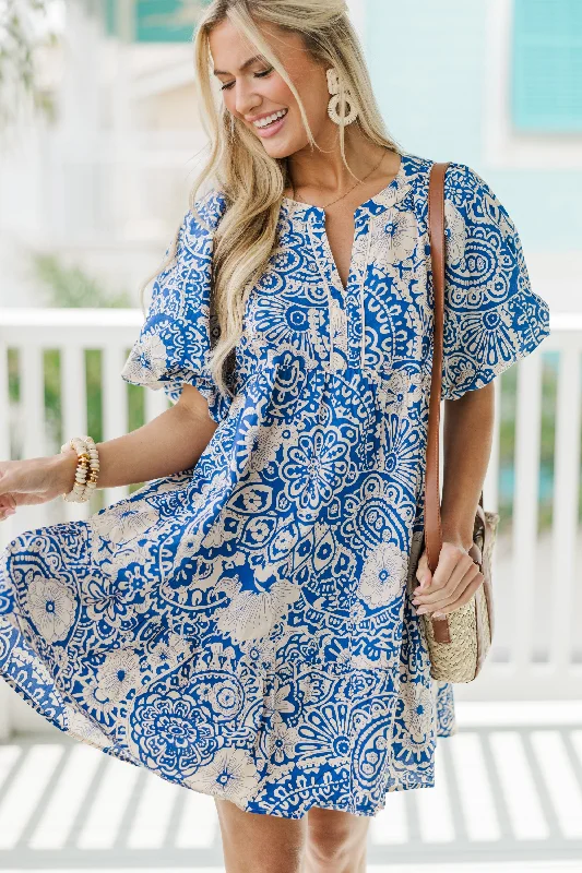 Windbreaker fashion There You Go Blue Floral Bubble Sleeve Dress