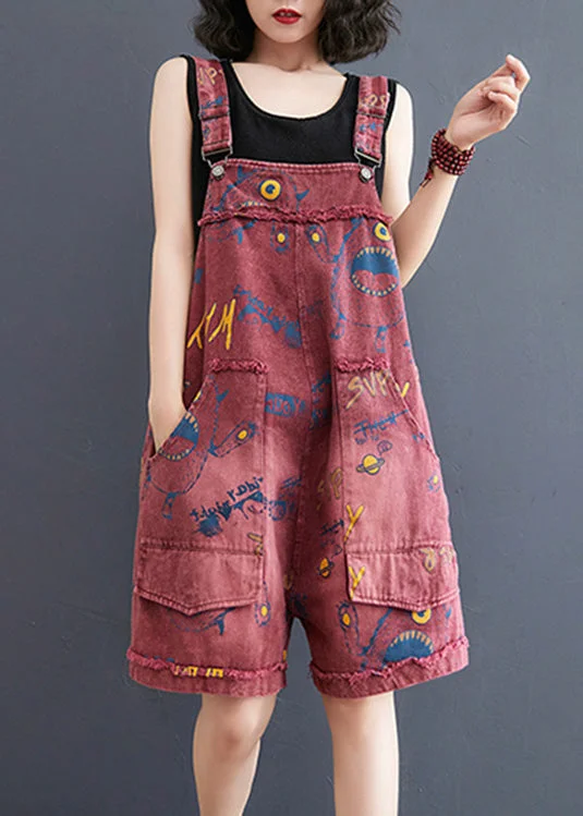 Mid-length Style Fashion Red Slash Neck Print Patchwork Denim Jumpsuit Summer