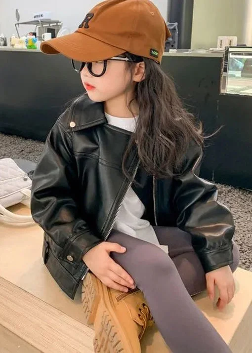 Sports And Leisure Chic Black Peter Pan Collar Zip Up Faux Leather Girls Coats Fall