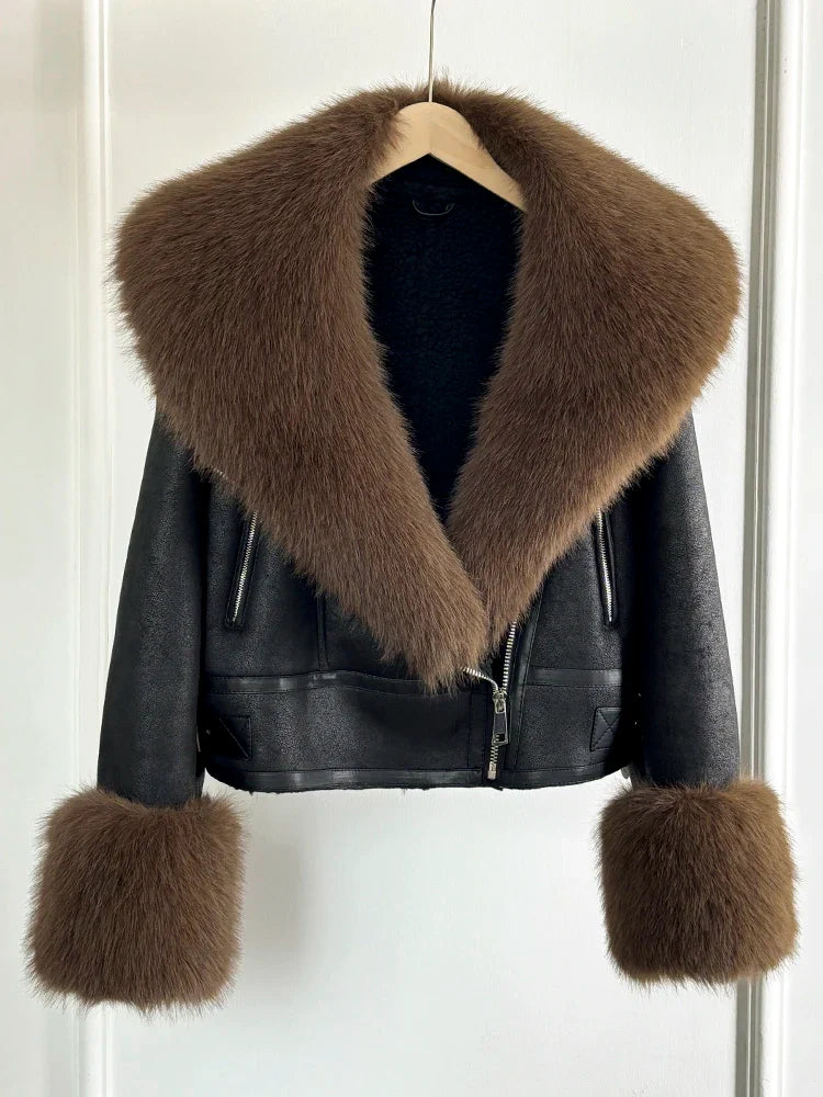 Unique Design Women Faux Fur Collar Street Style Leather Jacket