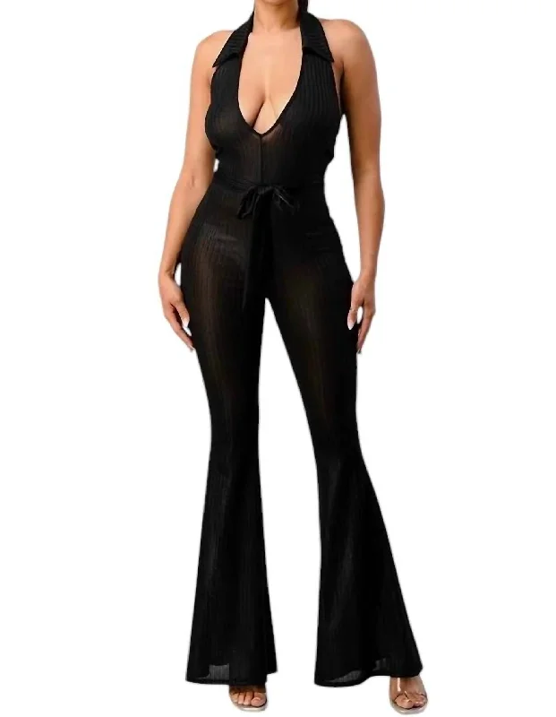 Sexy Fun Lurex Rib Deep V-Line Disco Jumpsuit In Black