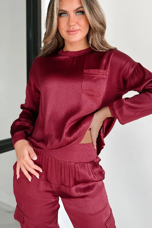 Thin Design Taking What's Owed Satin Long Sleeve Top (Maroon)