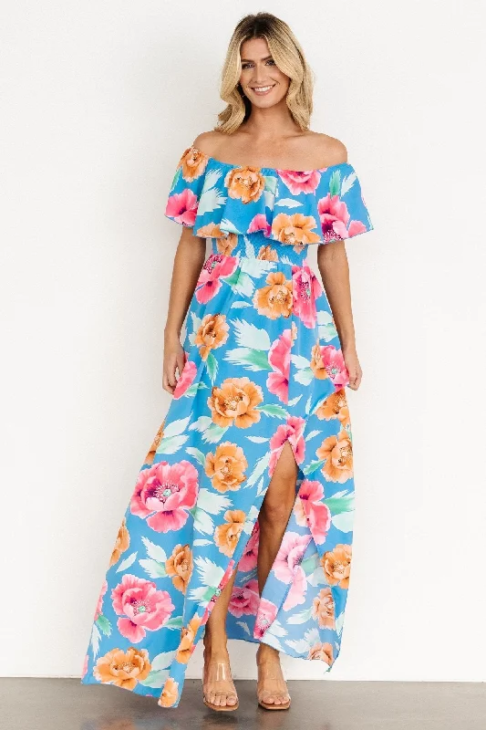 Ultra-lightweight Talia Off Shoulder Maxi Dress | Sea Blue Floral