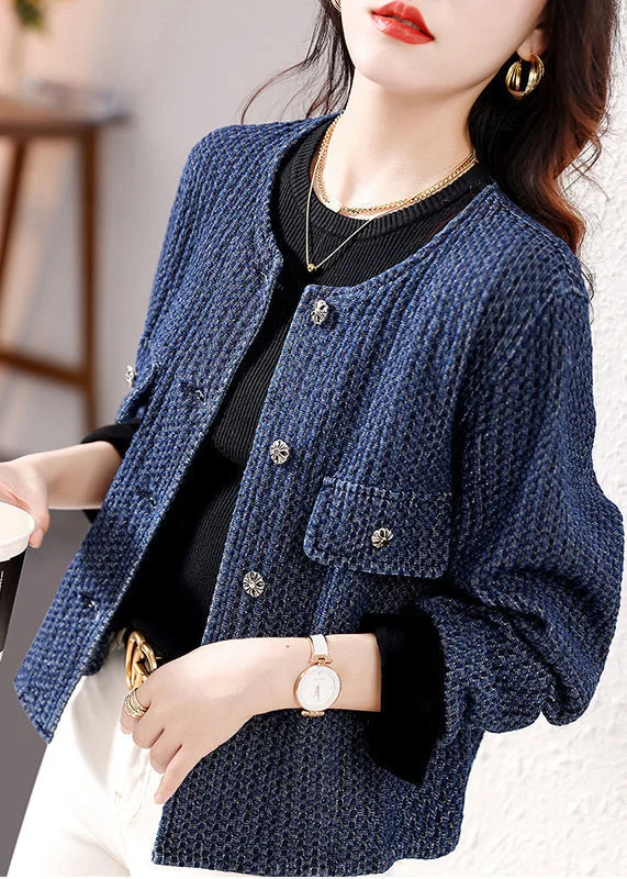 Body Design French Navy O Neck Button Patchwork Denim Coat Fall