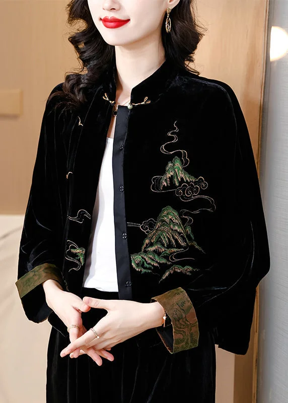 Design And Tailoring Loose Black Embroidered Button Silk Velour Coat Fall
