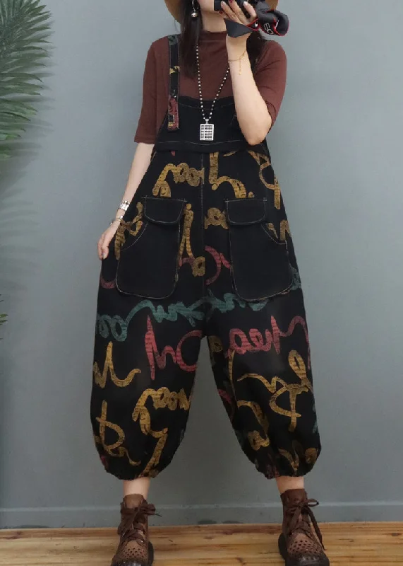 Sexy Fun Bohemian Graphic Print Patchwork Denim Lantern Jumpsuits Spring