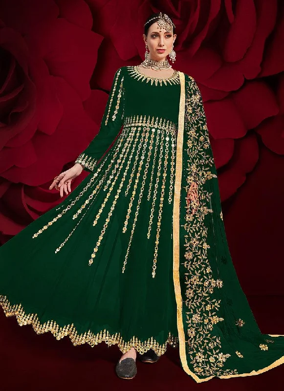 Thin Design Dark Green Color Georgette Fabric Mirror Work Pakistani Salwar Suit