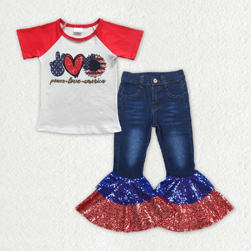 Celebrity Style GSPO1622 Baby Girls Peace Love America Shirt Top Sequin Denim Jeans Pants Clothes Sets