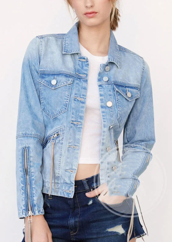 Fashion Elements Organic Blue Peter Pan Collar Tassel Denim Waistcoat Long Sleeve