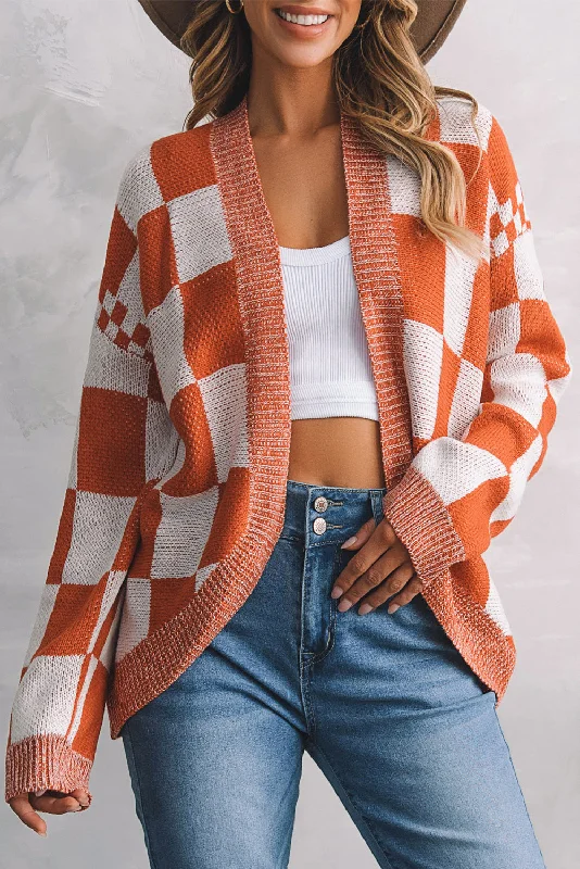 Slim Fit Plaid Open Front Dropped Shoulder Cardigan