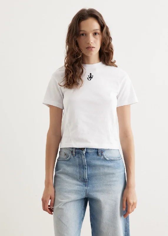 Simple Solid Color Anchor Embroidery Panelled Cropped T-Shirt