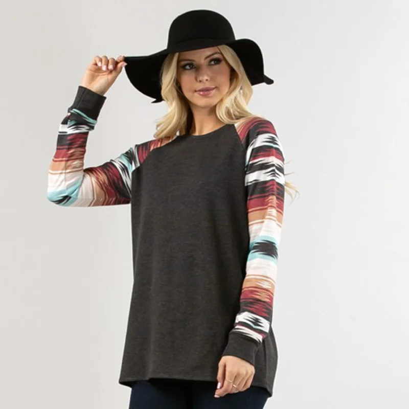 Single-shoulder Neck Design Avery Women's Solid Body/Aztec Sleeve Top