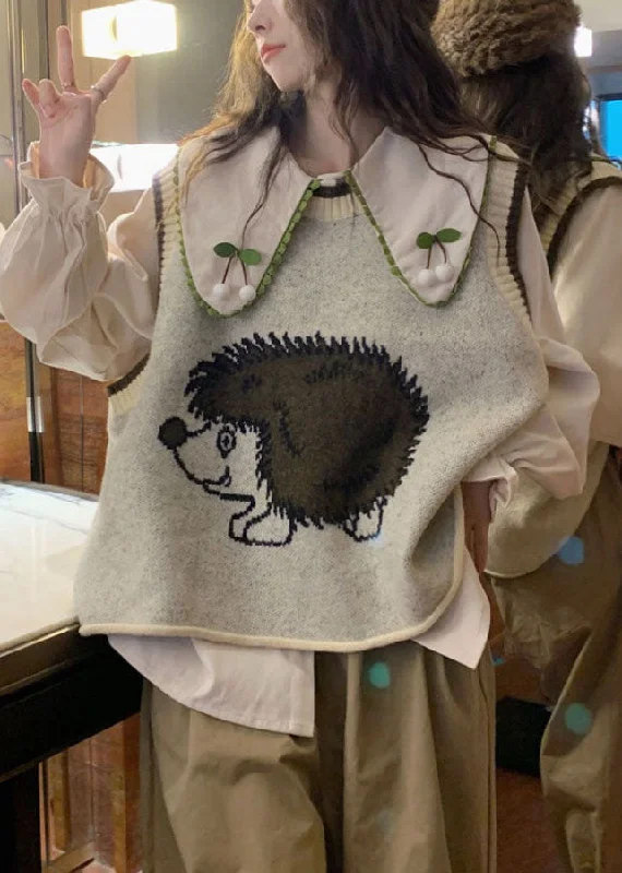Trendy Traveler Women Grey O-Neck Animal Print Cotton Knit Waistcoat Fall