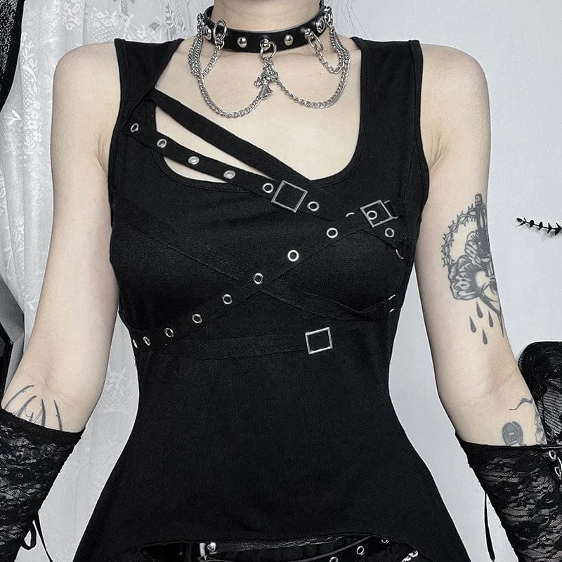 Noble Temperament Women's Punk Irregular Eyelet Strap Splice Tank Top