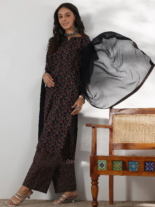 Versatile Items Black Printed Cotton Straight Suit With Dupatta