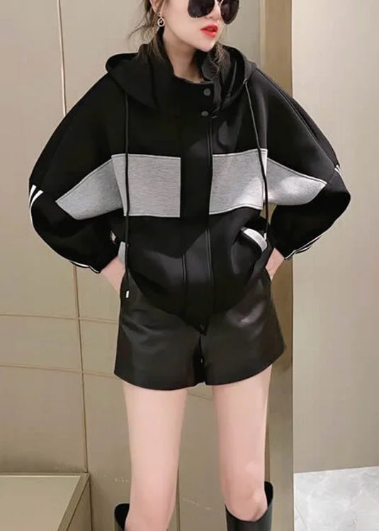 Street Charm Black Button Patchwork Cotton Coats Zip Up Long Sleeve