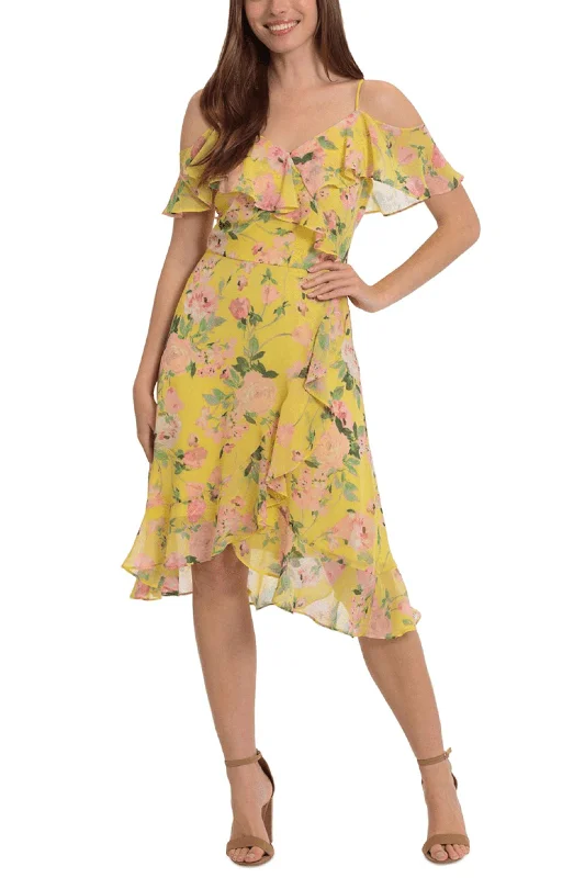 New Products London Times T6748M - Cold Shoulder Floral Printed Formal Dress