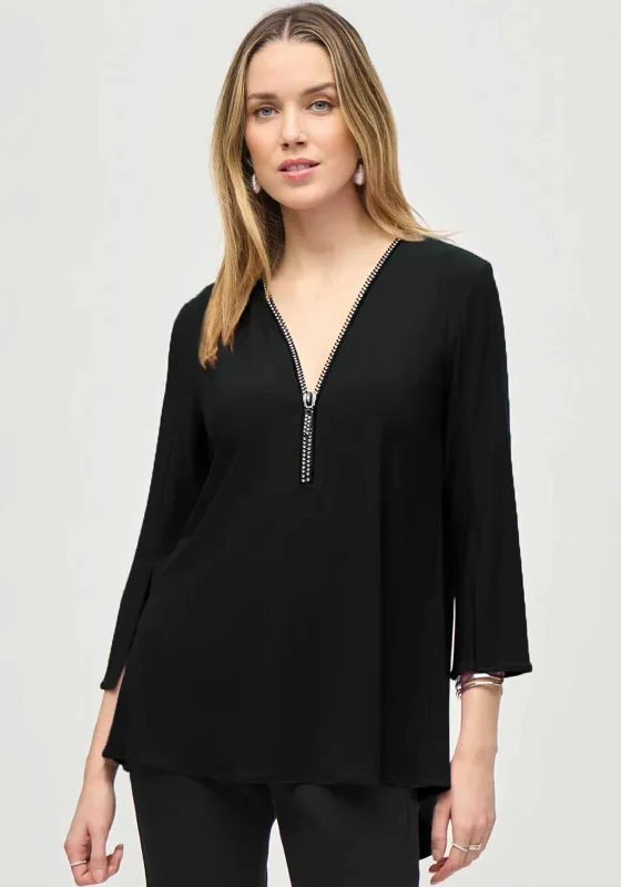 Sports Design Joseph Ribkoff Zip V Neck Slit Sleeve Top, Black