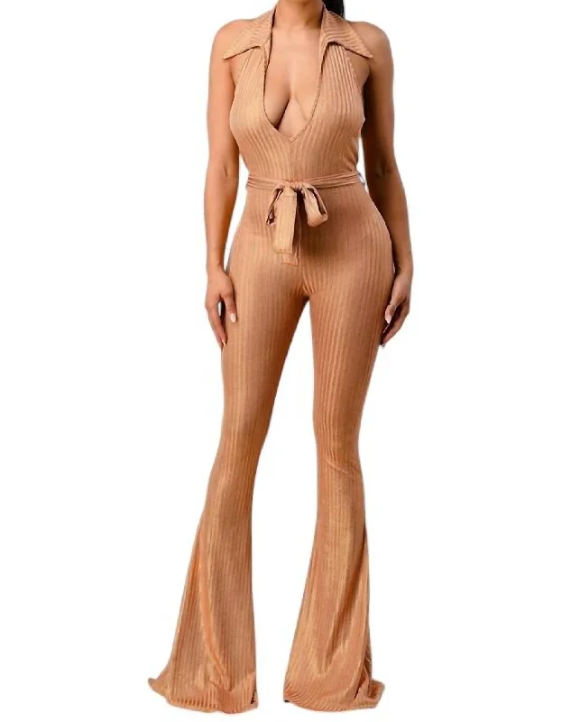 Fresh And Simple Lurex Rib Deep V-Line Disco Jumpsuit In Gold
