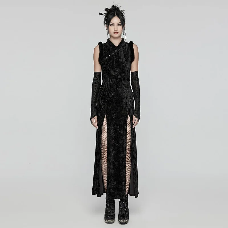 High-end Fabrics Women's Gothic Split Embossed Velvet Prom Dress with Oversleeves