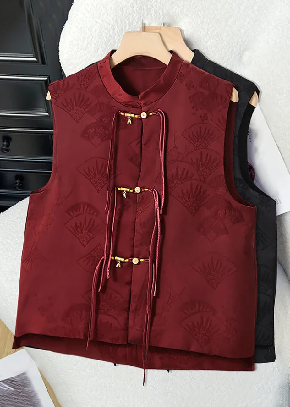 Floral Prints New Wine Red Stand Collar Chinese Button Silk Waistcoat Sleeveless