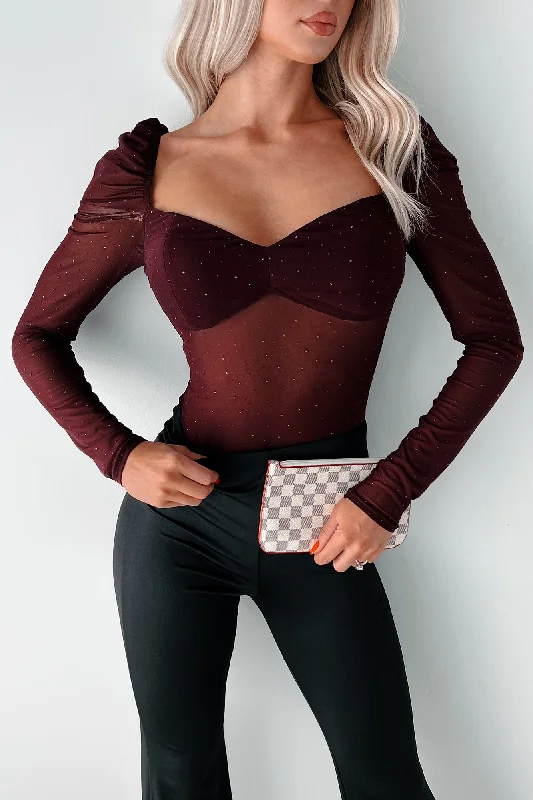 Multi-functional style Easy To Remember Rhinestone Mesh Bodysuit (Dark Cherry)