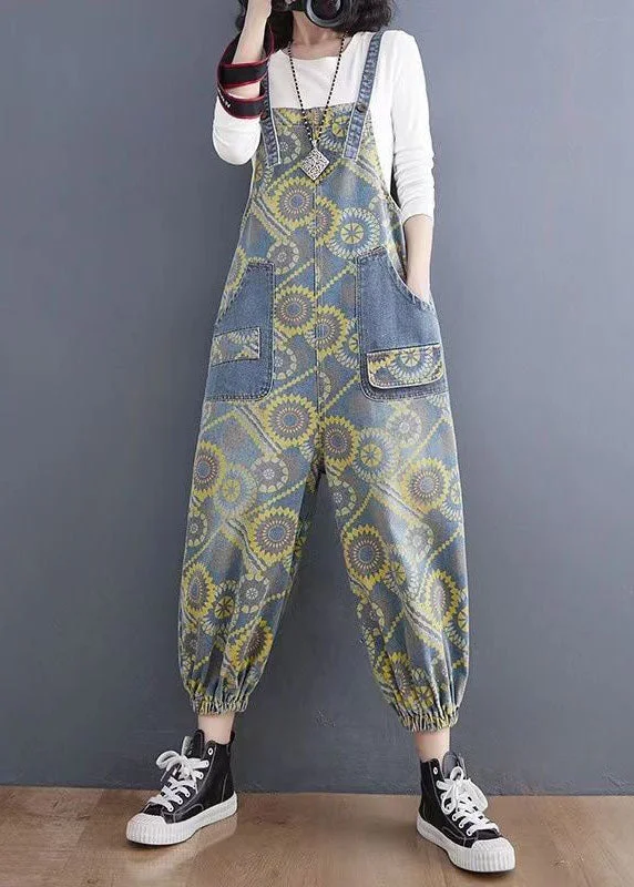 Cool Summer Handmade Yellow Print Denim Spaghetti Strap Jumpsuits Spring
